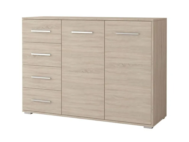 Cassettiera "Comarca" 28 rovere | 2 ante, 3 scomparti, 4 cassetti | Maniglie argento | 96 x 135 x 45 cm