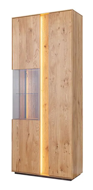 Vetrina a 2 ante Sienne 03 | 9 ripiani, 11 scomparti | 205 x 84,5 x 37 cm | Rovere selvatico massiccio, spazzolato e oliato | Illuminazione LED