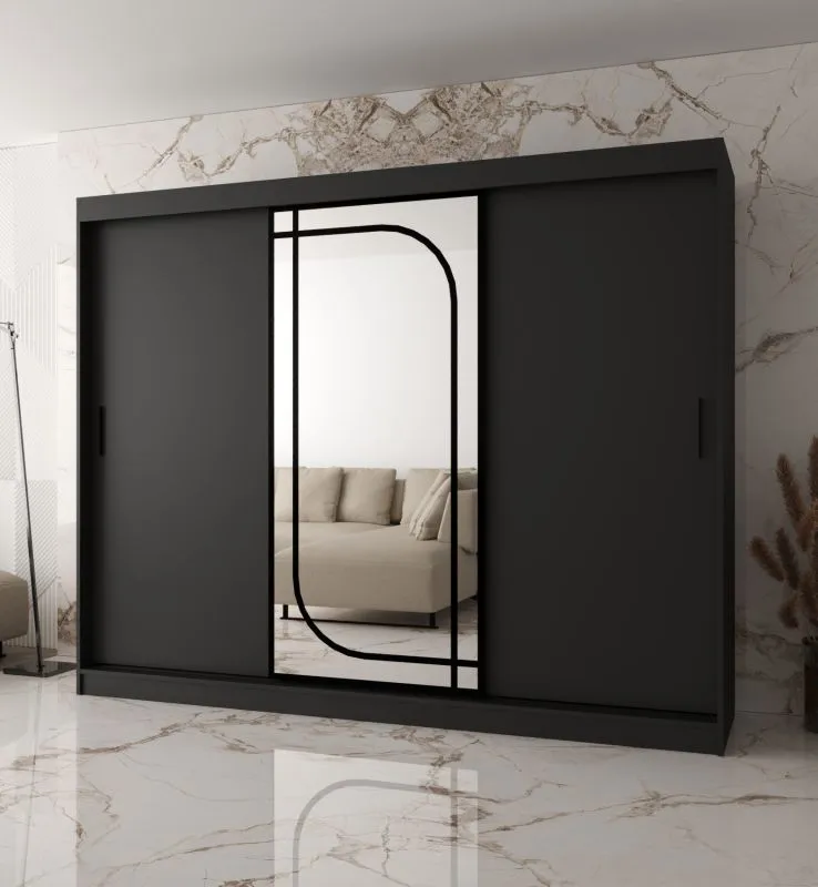 Armadio | Nero opaco | 3 ante | 10 scomparti | 250 x 62 x 200 cm | specchio decorativo | 2 aste appendiabiti | Armadio con ante scorrevoli | Lavorazione di alta qualità