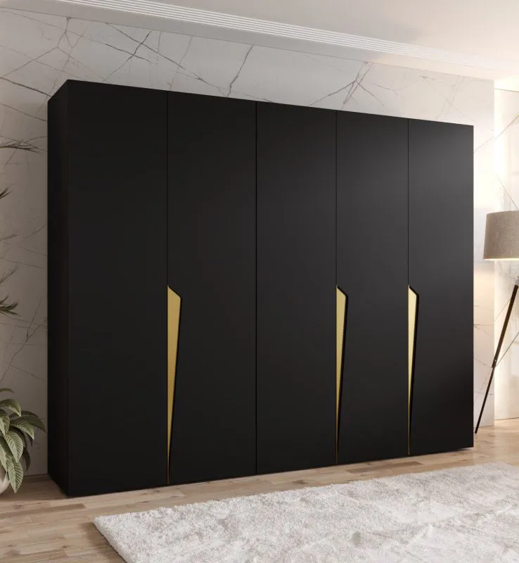 Armadio ad ante battenti "Rida" 04, nero, maniglie: oro, 5 ante, 3 scomparti, 3 barre appendiabiti, Sistema "Soft-Close", bordi in ABS, 250 x 52 x 202 cm