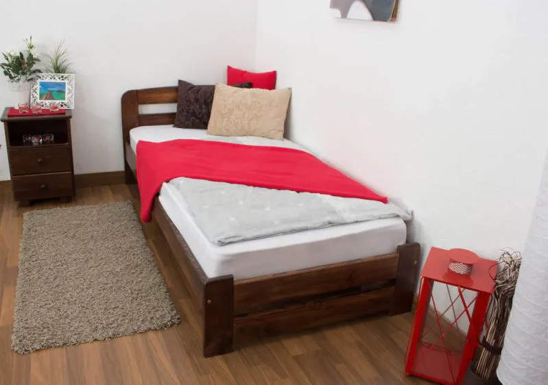 Letto singolo "A7", pino massiccio, color noce, incl. rete a doghe - 90 x 200 cm