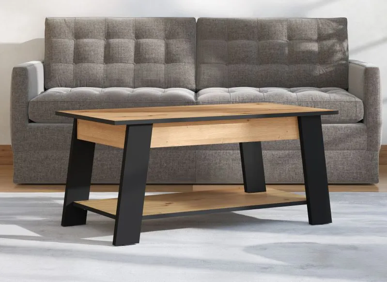 Tavolino salotto Potra 01 | Rovere Artisan e nero opaco | Gambe nere | 46,5 x 101 x 54,5 cm