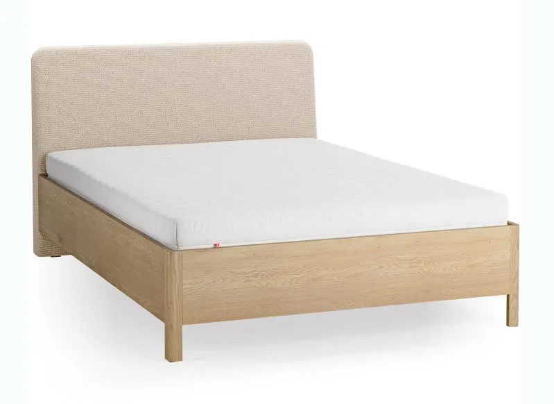 Letto una piazza e mezzo "Olimar" 29, rovere massiccio, color rovere / beige, incl. rete a doghe, testiera imbottita, 140 x 200 cm