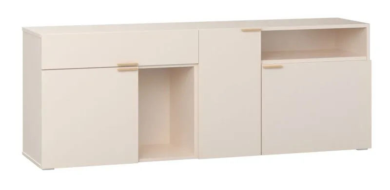 Credenza "Sarandi" 17, beige, maniglie e gambe: rovere, 3 ante, 6 scomparti, 2 vani a giorno, 1 cassetto, Ssitema "Soft-Close", 187 x 42 x 70 cm