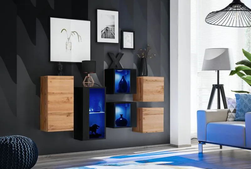 Pensile a muro Volleberg 109 | 6 ante push-to-open | Rovere Wotan/nero | 80x150x25 cm | LED blu