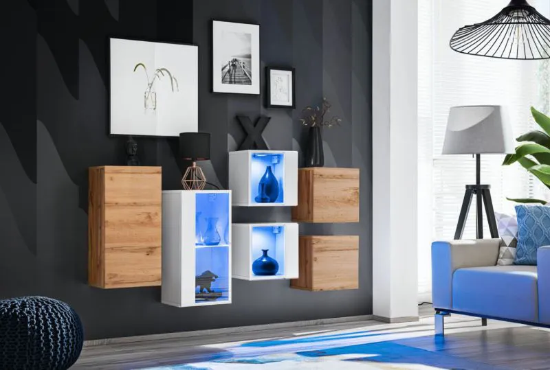 Set 6 pensili Volleberg 108 | Rovere Wotan/Bianco | 80x150x25 cm | Illuminazione LED blu